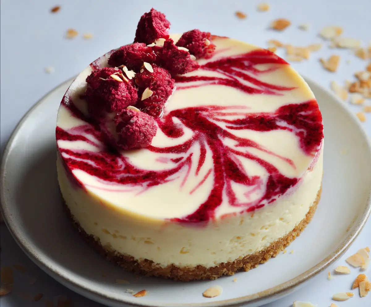 Delicious raspberry almond cheesecake topped with fresh raspberries and sliced almonds on a decorative plate.