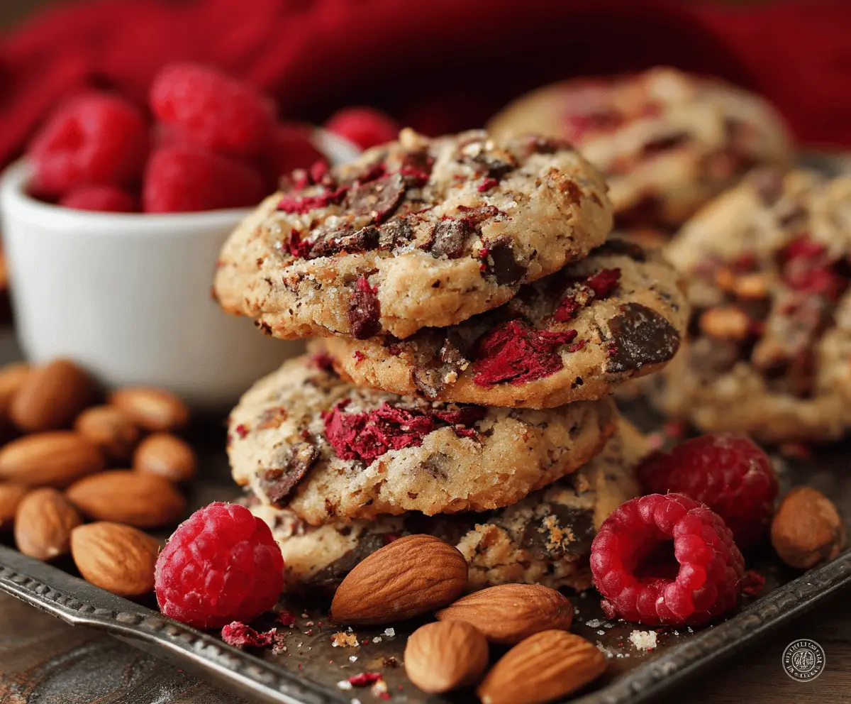 Delicious raspberry almond cookies topped with freeze-dried berries, perfect for snack time.