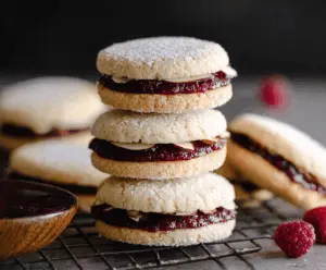 Raspberry Almond Sandwich Cookies with fresh raspberries and almond slices on a white plate