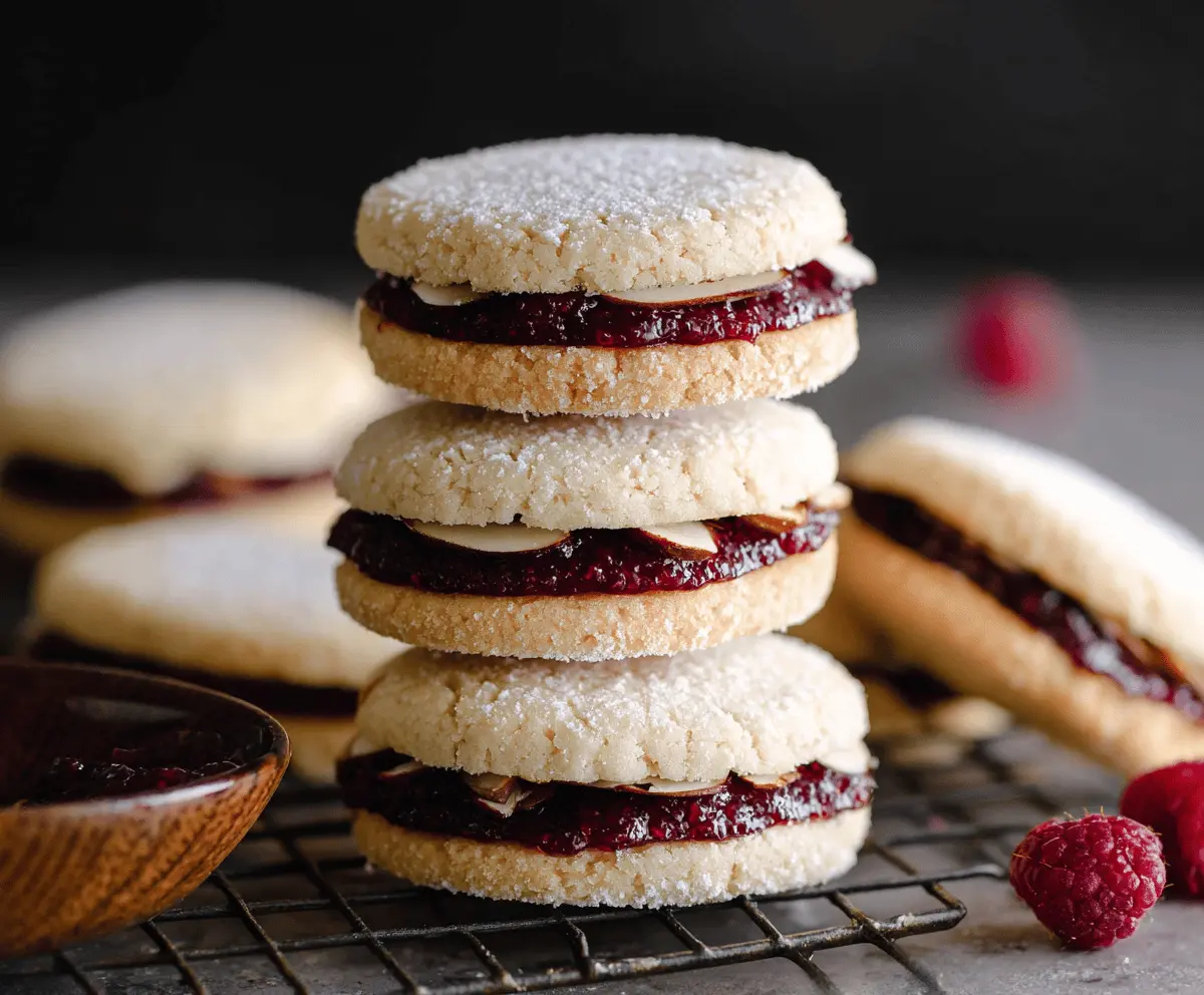 Raspberry Almond Sandwich Cookies with fresh raspberries and almond slices on a white plate
