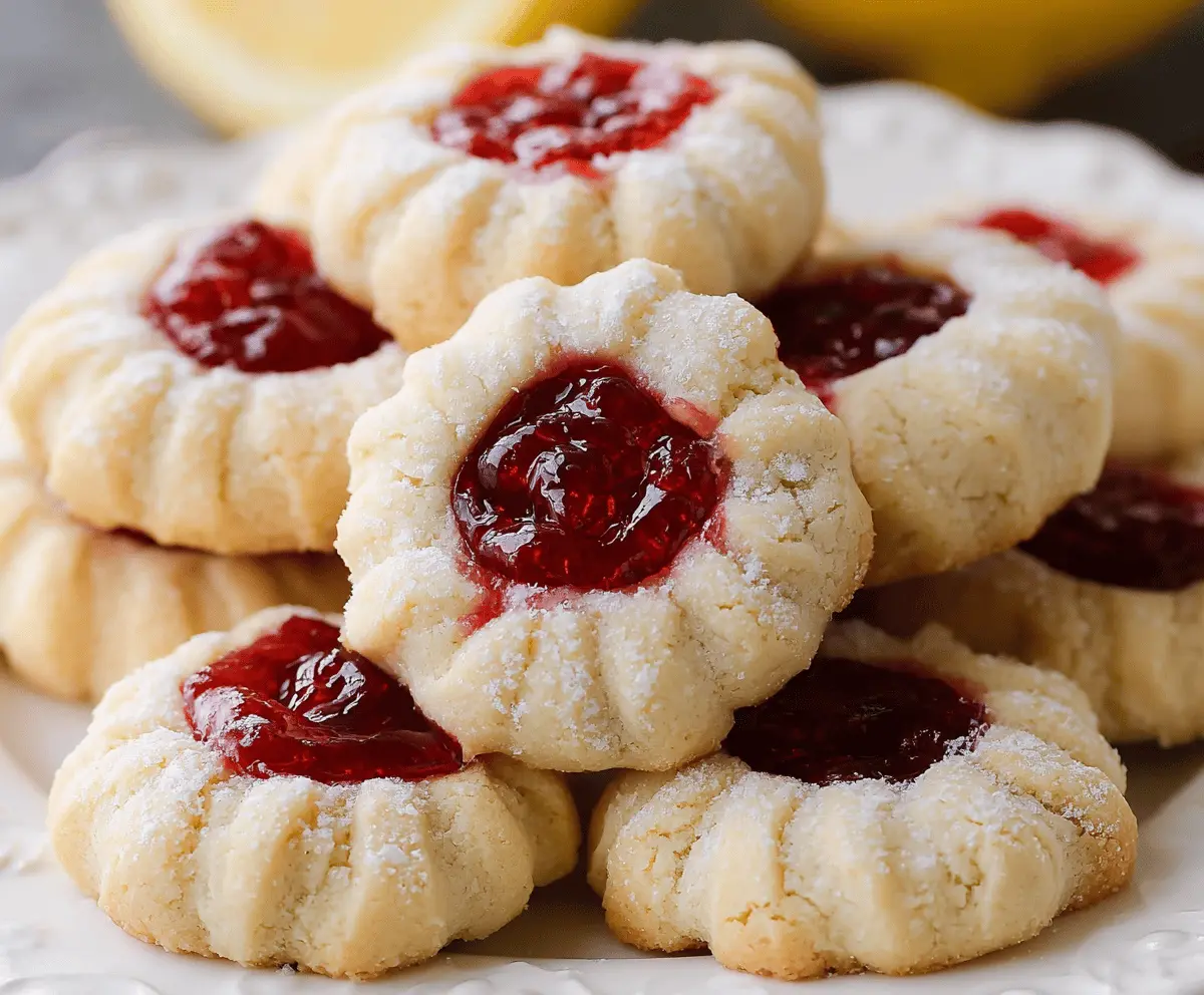 Raspberry and lemon thumbprint cookies on a plate