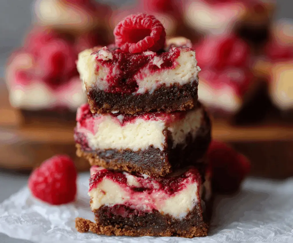 Delicious raspberry cheesecake bars with a creamy topping and fresh raspberries on top.