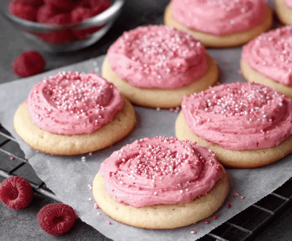 Delicious raspberry frosted sugar cookies with a glossy pink glaze and sprinkles on a white plate.
