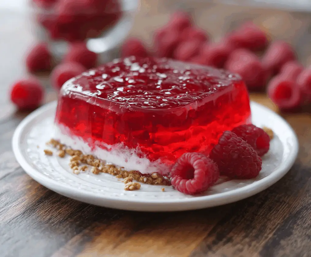 Delicious Raspberry Pretzel Jello dessert with fresh raspberries and crushed pretzels for a sweet and salty treat.