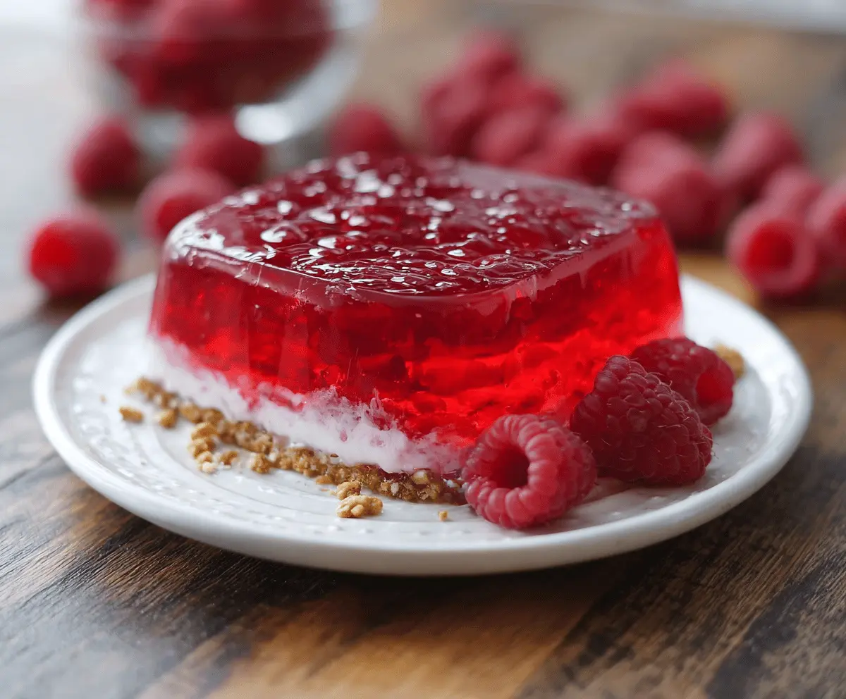Delicious Raspberry Pretzel Jello dessert with fresh raspberries and crushed pretzels for a sweet and salty treat.