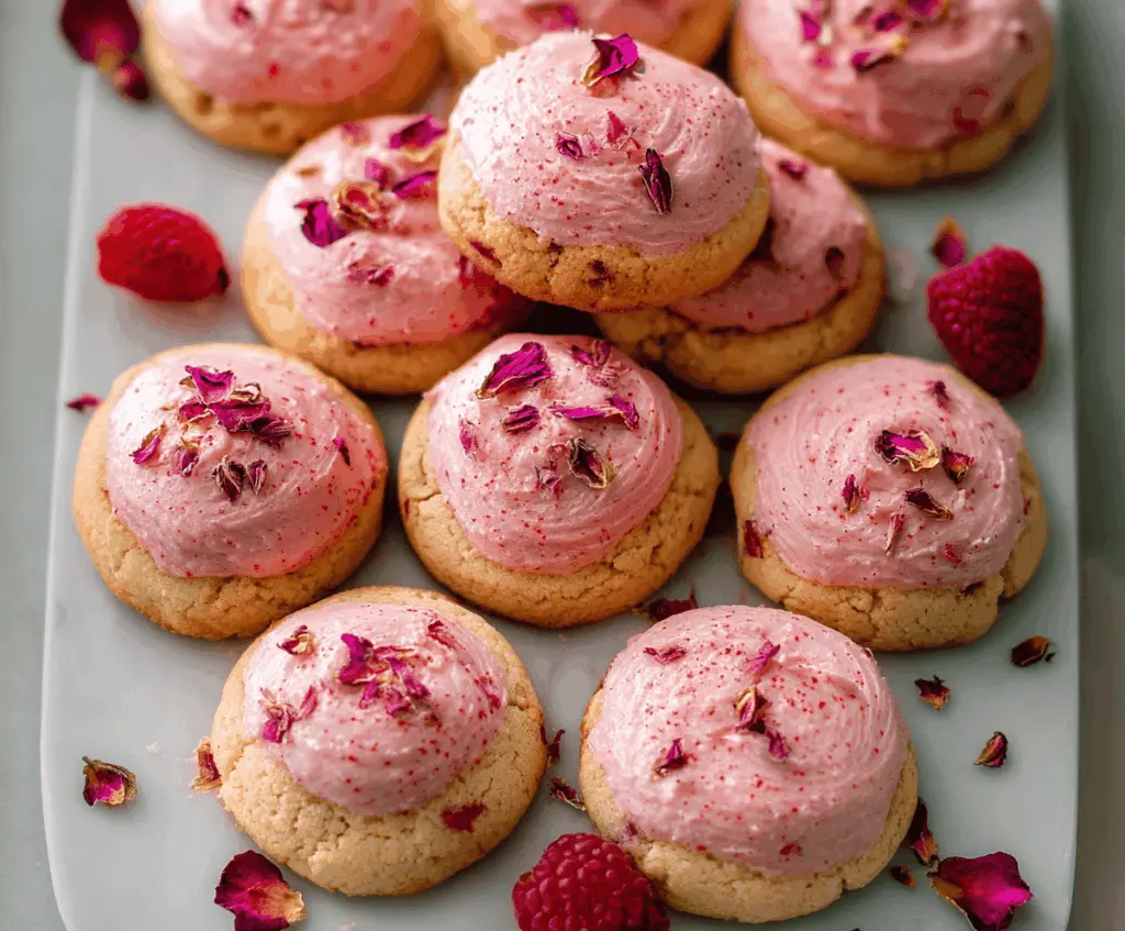 Delicious Raspberry Rose Cookies with pink icing and edible rose petals on a decorative plate.