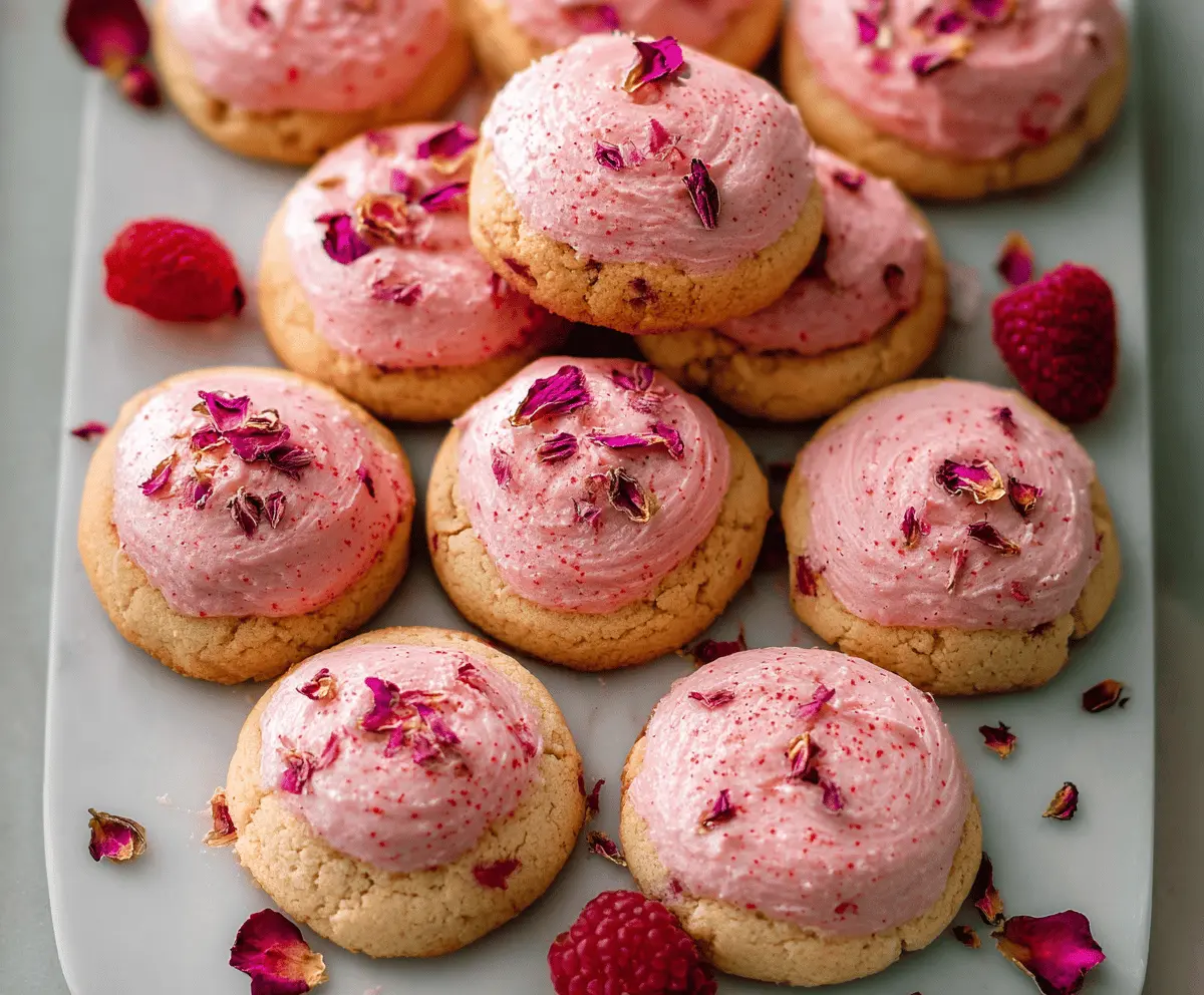 Delicious Raspberry Rose Cookies with pink icing and edible rose petals on a decorative plate.