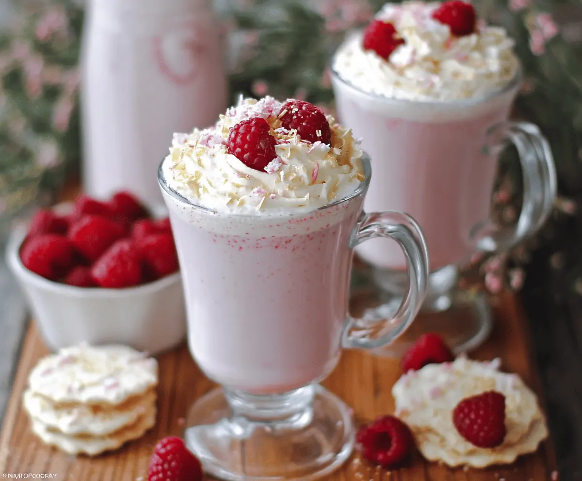 Creamy Raspberry White Hot Chocolate in a mug topped with whipped cream and fresh raspberries