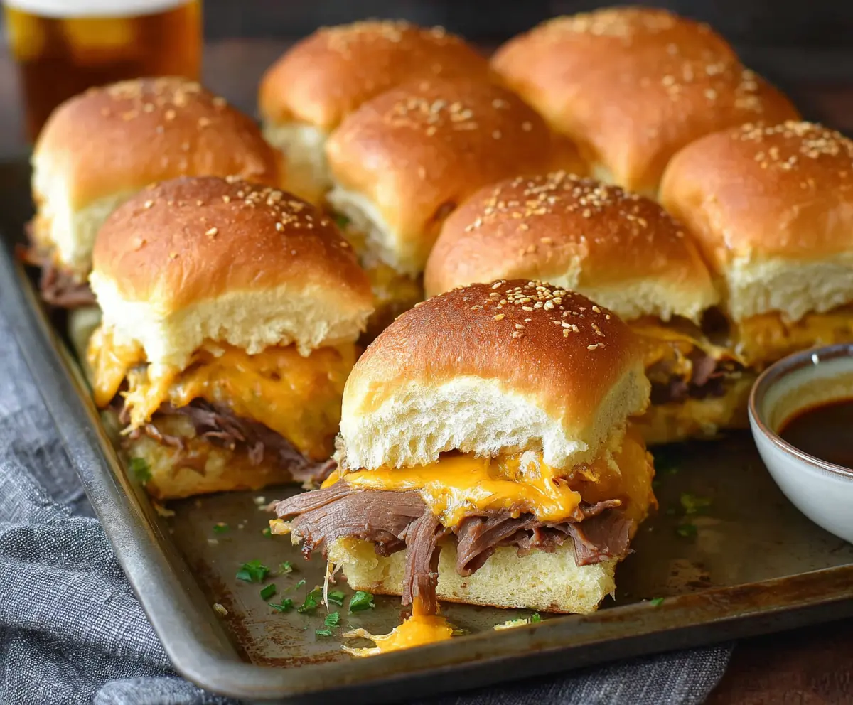Delicious roast beef and cheddar sliders served on a platter for a hearty appetizer.