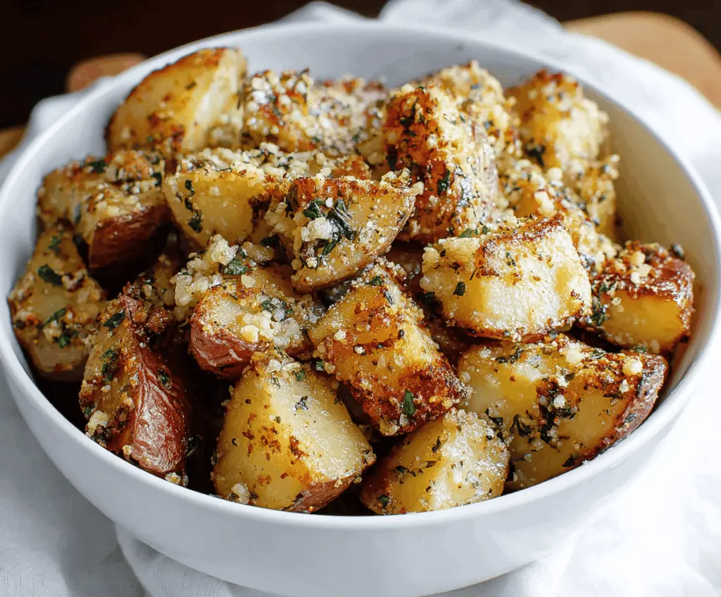 Golden roasted garlic parmesan potatoes served on a plate, garnished with fresh herbs for a flavorful side dish.