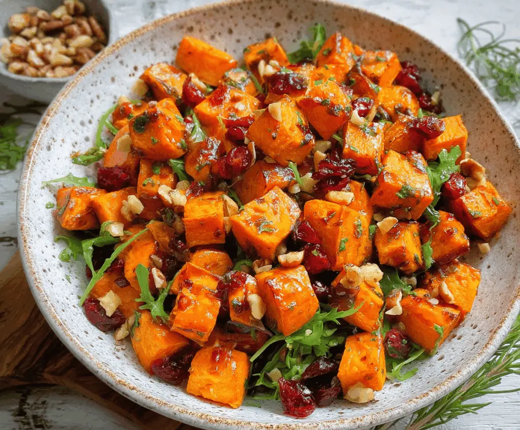 Delicious roasted sweet potato salad with fresh greens and a tangy dressing.
