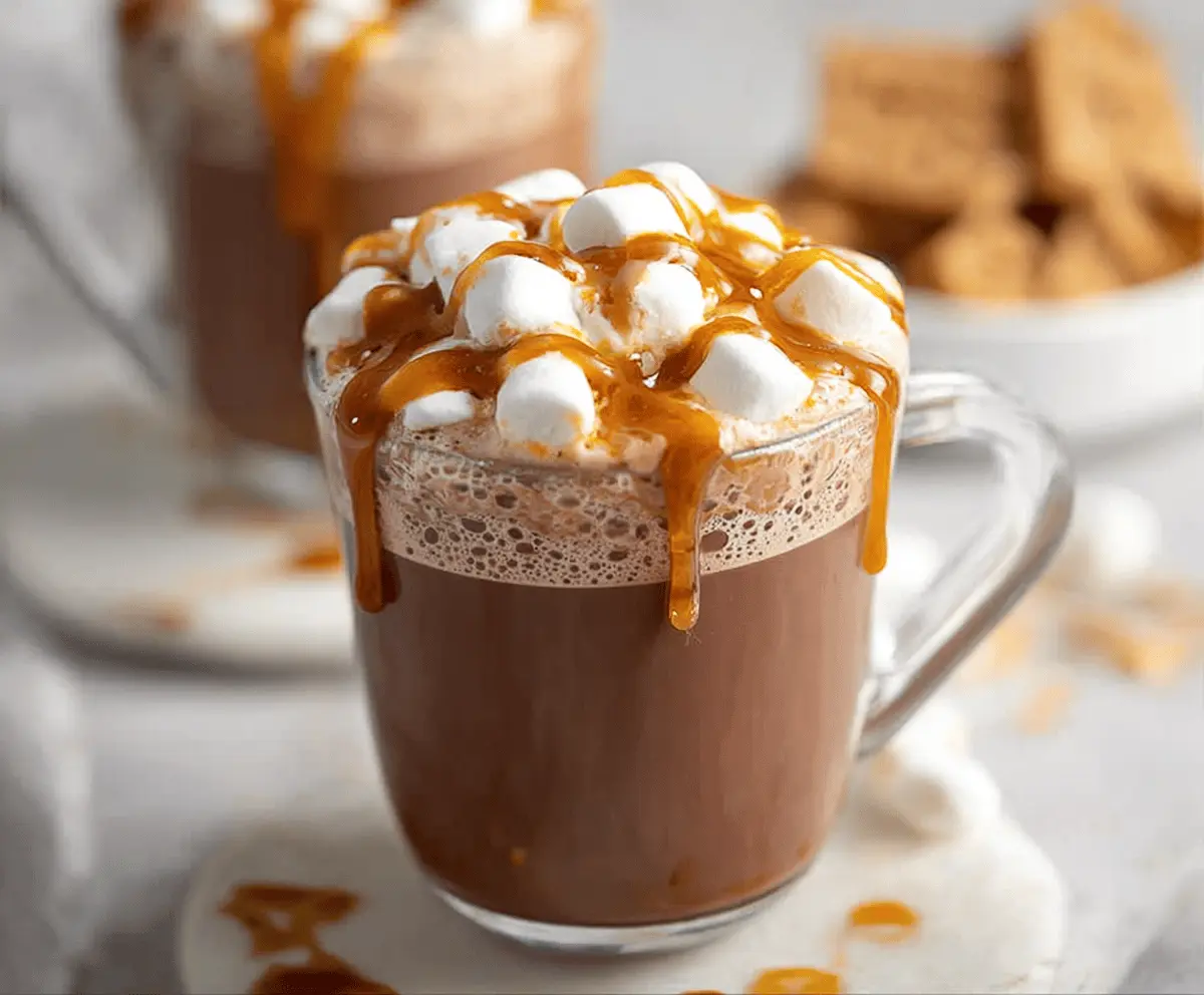 Delicious Salted Caramel Hot Chocolate in a cozy mug with whipped cream and caramel drizzle