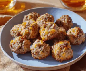 Delicious homemade sausage cheese balls on a serving plate, perfect for snacks or parties.