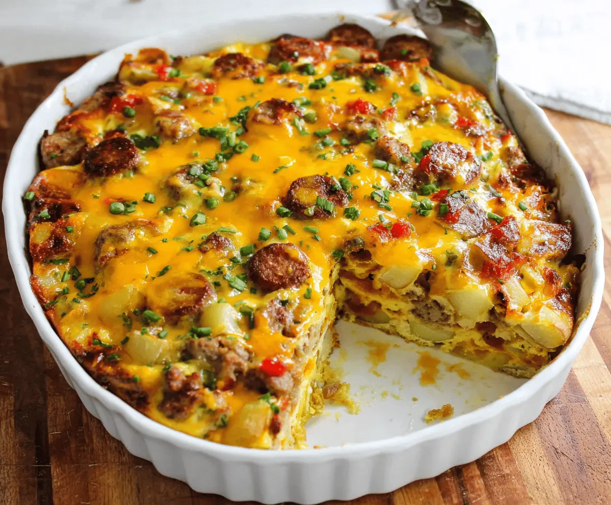 Delicious sausage, egg, and potato breakfast casserole served in a baking dish.