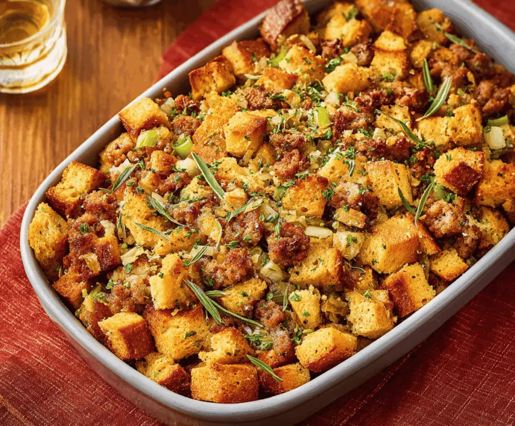 Delicious sausage stuffing with savory herbs and crispy breadcrumbs, perfect for holiday dinners.