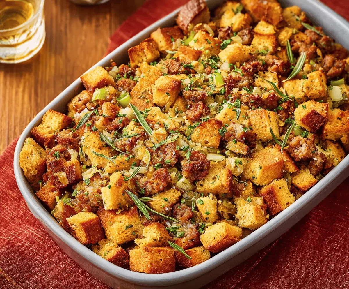 Delicious sausage stuffing with savory herbs and crispy breadcrumbs, perfect for holiday dinners.