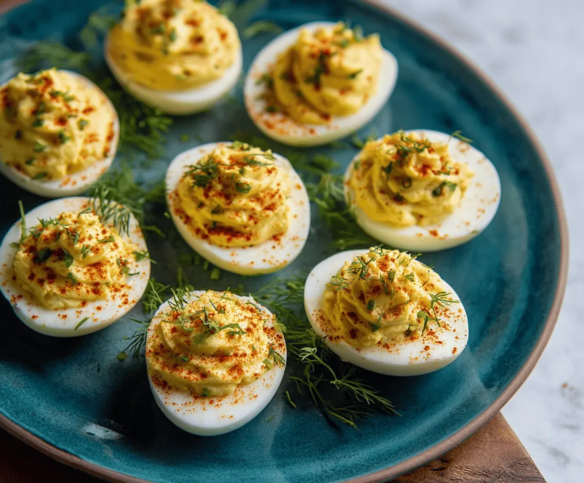 Creamy Southern deviled eggs garnished with paprika and fresh herbs.