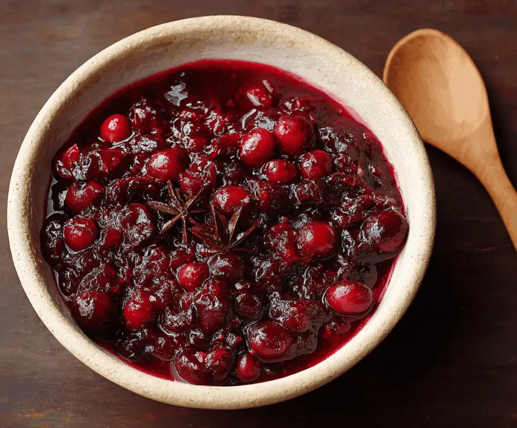 Vibrant bowl of homemade spiced cranberry sauce with fresh cranberries and aromatic spices.