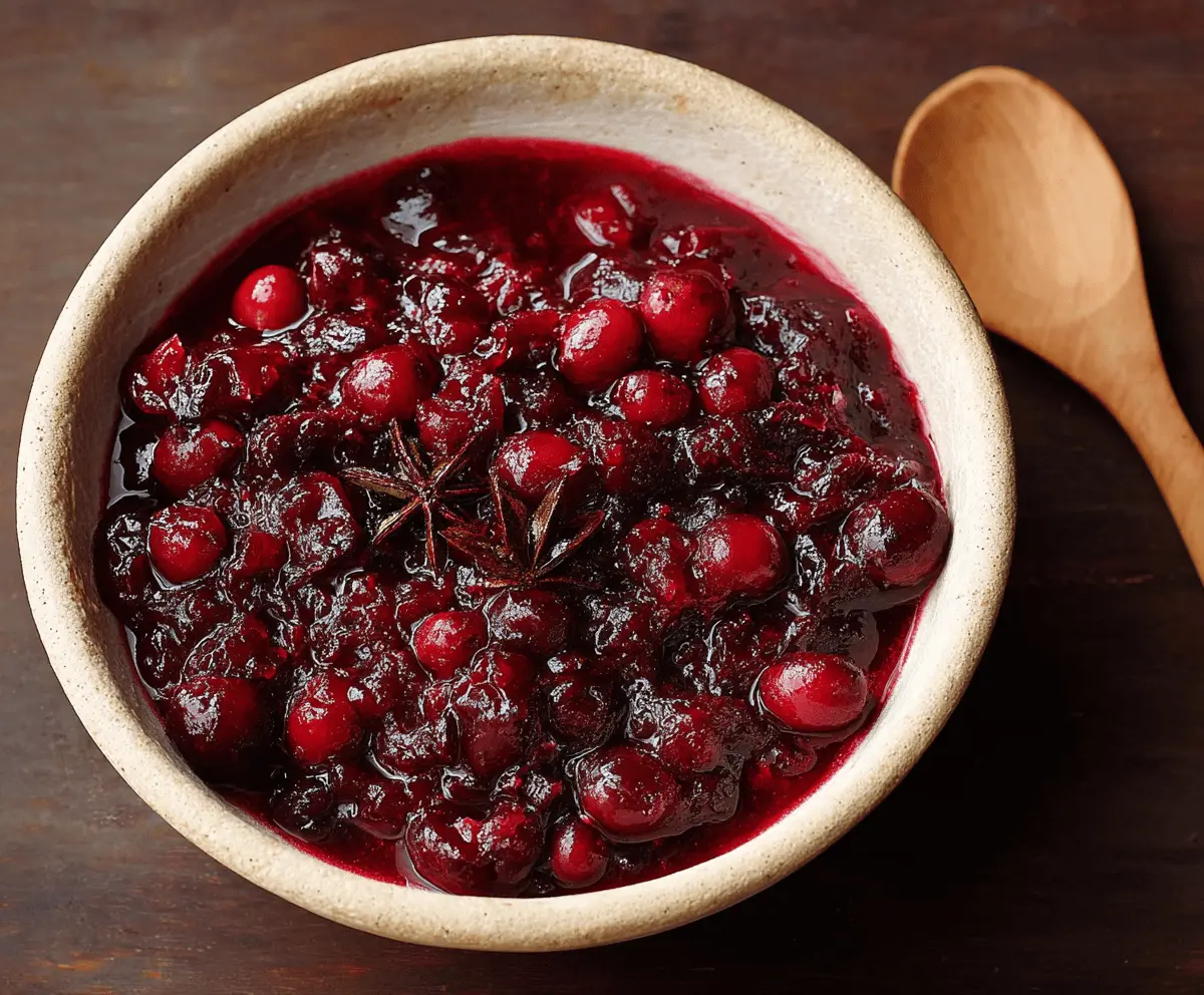 Vibrant bowl of homemade spiced cranberry sauce with fresh cranberries and aromatic spices.