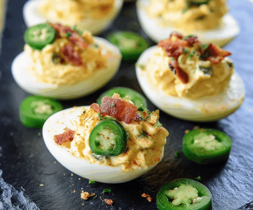 Creamy deviled eggs topped with spicy jalapeño slices for a flavorful appetizer.