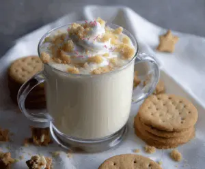 A warm cup of sugar cookie white hot chocolate topped with whipped cream and sprinkles.