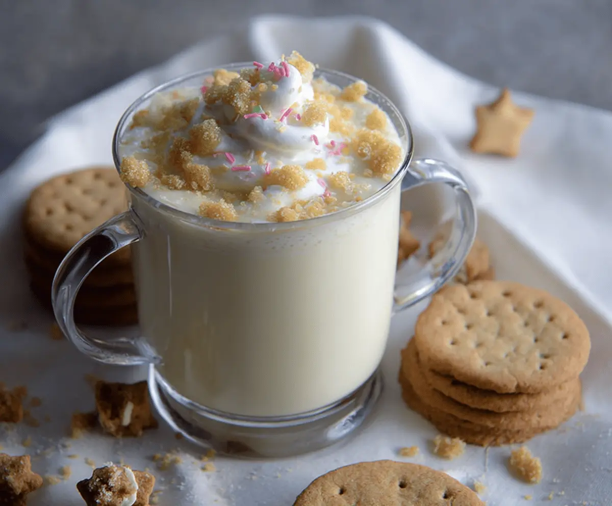 A warm cup of sugar cookie white hot chocolate topped with whipped cream and sprinkles.