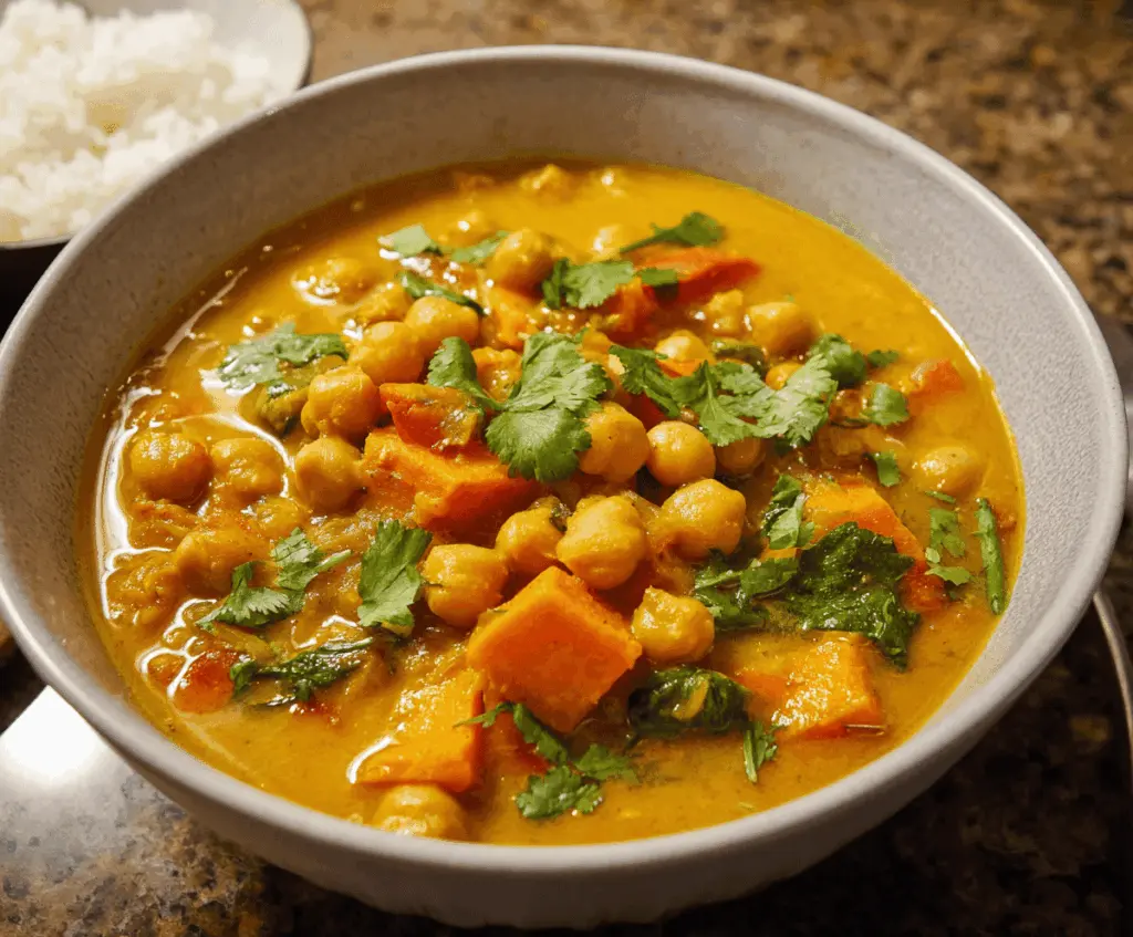 Hearty sweet potato chickpea curry soup in a bowl, garnished with fresh herbs and a side of crusty bread.