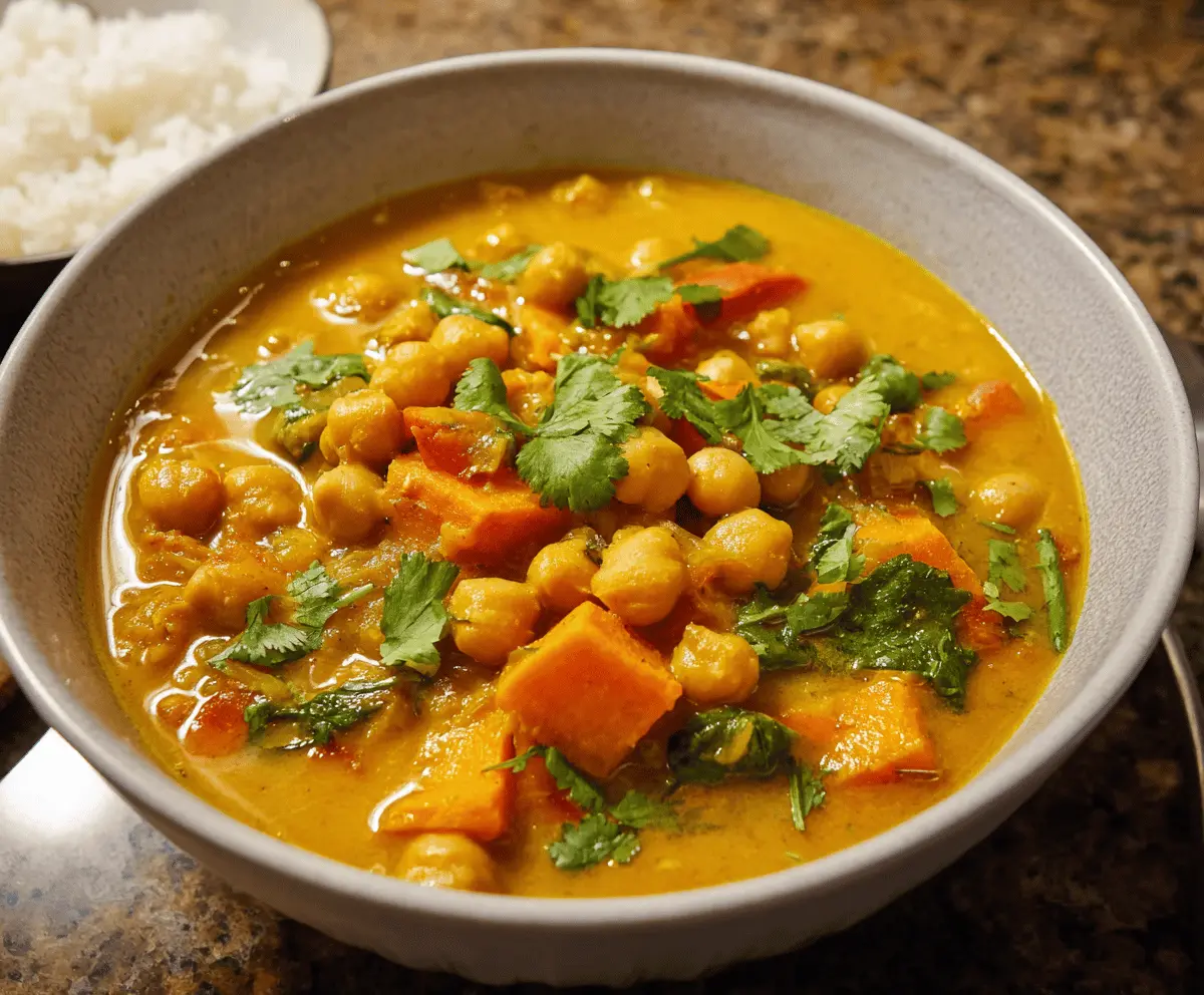 Hearty sweet potato chickpea curry soup in a bowl, garnished with fresh herbs and a side of crusty bread.