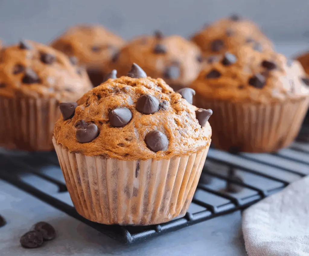 Delicious sweet potato chocolate chip muffins fresh out of the oven, showcasing their moist texture and chocolatey goodness.