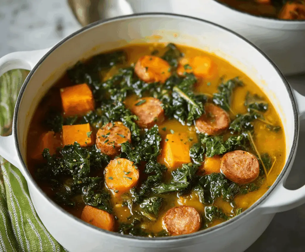 Hearty sweet potato and kale soup served in a bowl, perfect for a healthy meal.