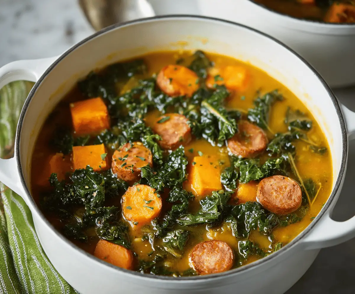 Hearty sweet potato and kale soup served in a bowl, perfect for a healthy meal.