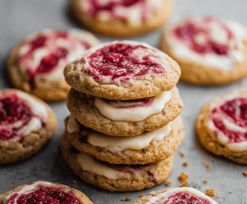 Delicious swirled raspberry cheesecake cookies with vibrant raspberry and creamy cheesecake filling.