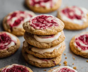 Delicious swirled raspberry cheesecake cookies with vibrant raspberry and creamy cheesecake filling.