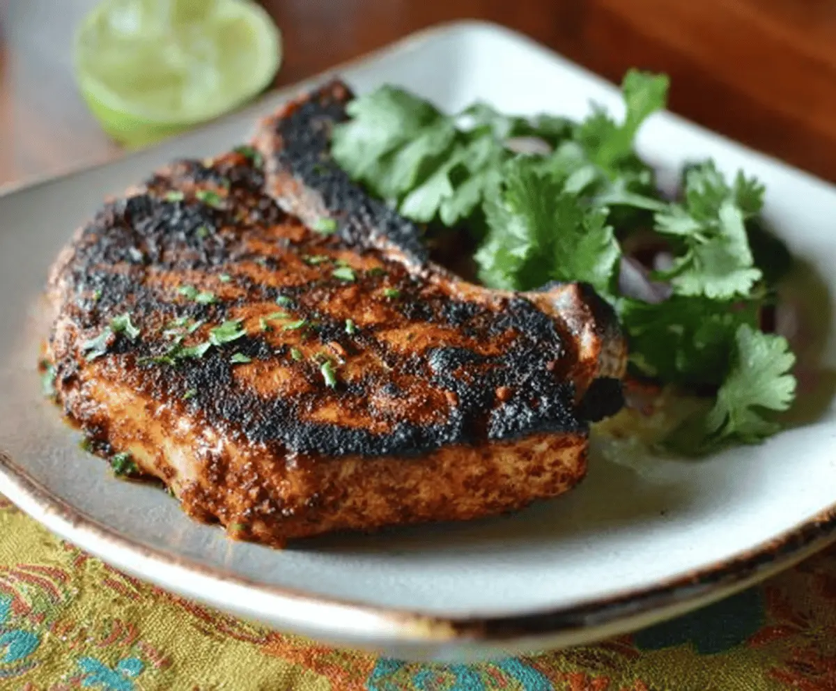 Juicy taco-seasoned pork chops cooked to perfection on a skillet.