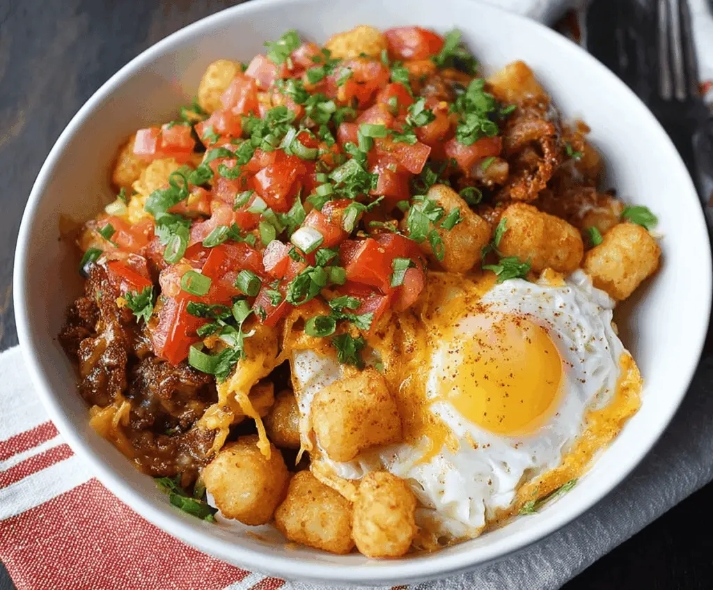 Delicious Tater Tot Breakfast Bowl with eggs, cheese, and fresh vegetables for a hearty morning meal