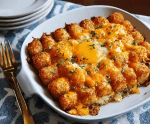 Delicious Tater Tot Egg Breakfast Casserole with melted cheese and fresh herbs.