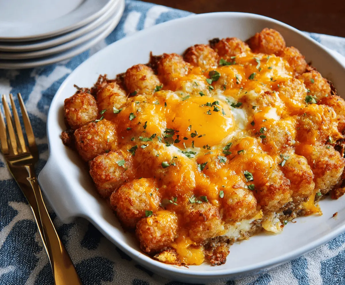 Delicious Tater Tot Egg Breakfast Casserole with melted cheese and fresh herbs.