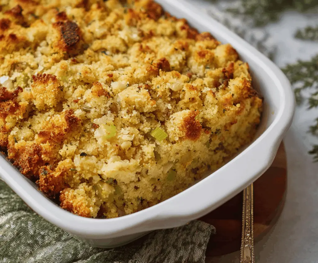 Delicious Southern Cornbread Dressing with herbs and crispy edges, perfect for holiday dinners.