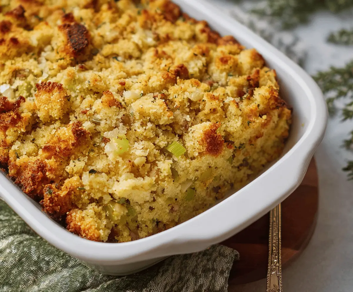 Delicious Southern Cornbread Dressing with herbs and crispy edges, perfect for holiday dinners.