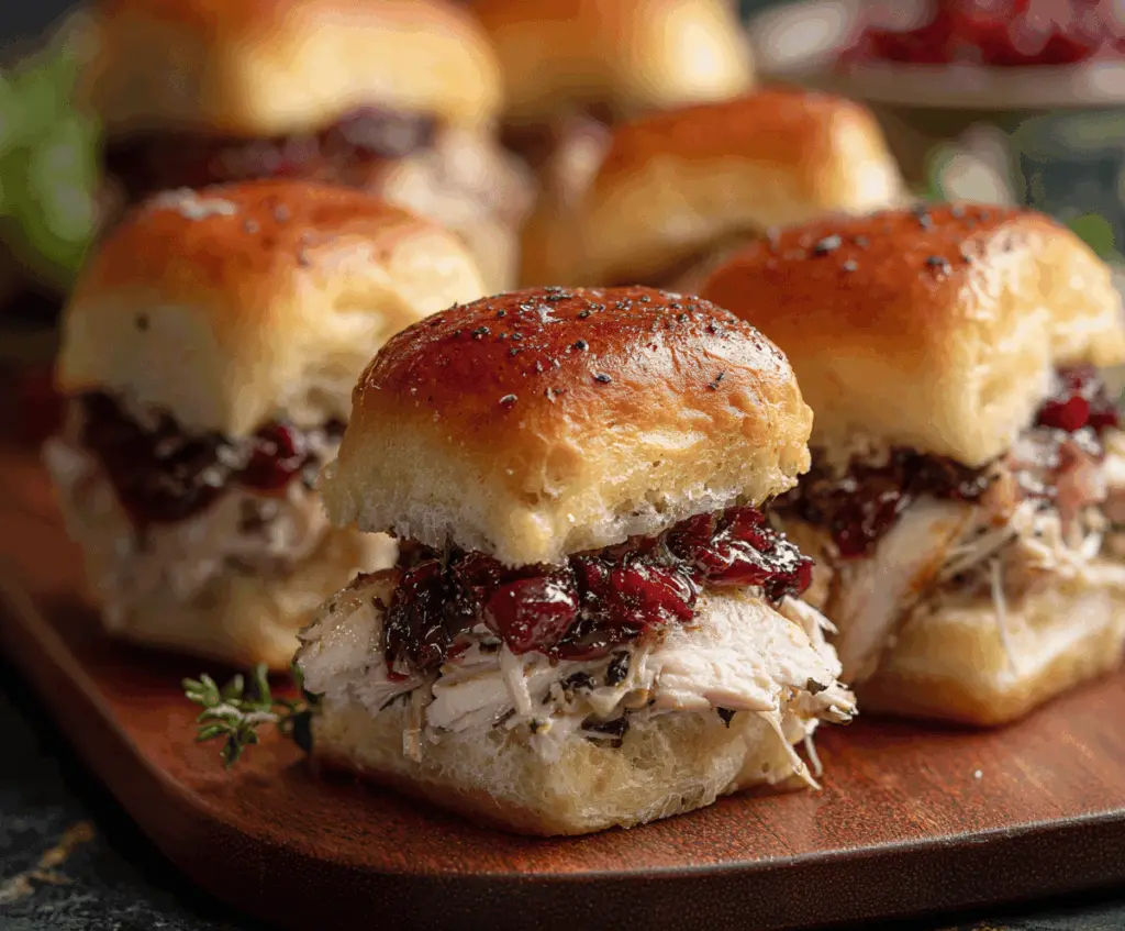 Delicious turkey cranberry sliders packed with savory turkey and tangy cranberry sauce on slider buns.