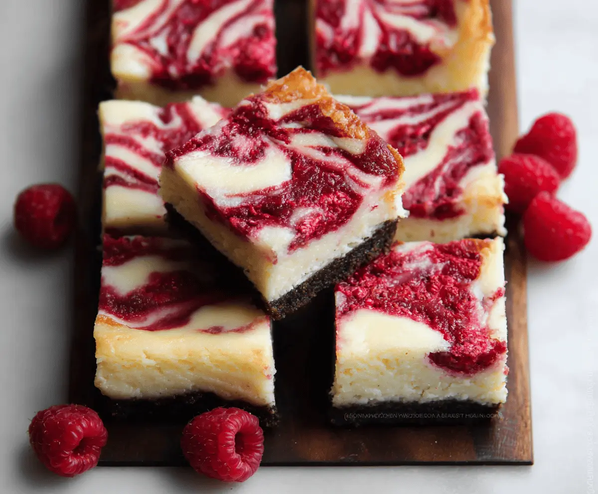 Delicious white chocolate raspberry cheesecake bars with a creamy topping and fresh raspberries on top.
