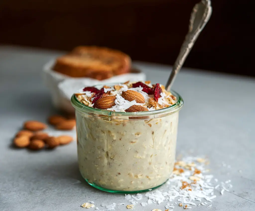 Creamy Almond Croissant Overnight Oats served in a glass jar with sliced almonds on top.
