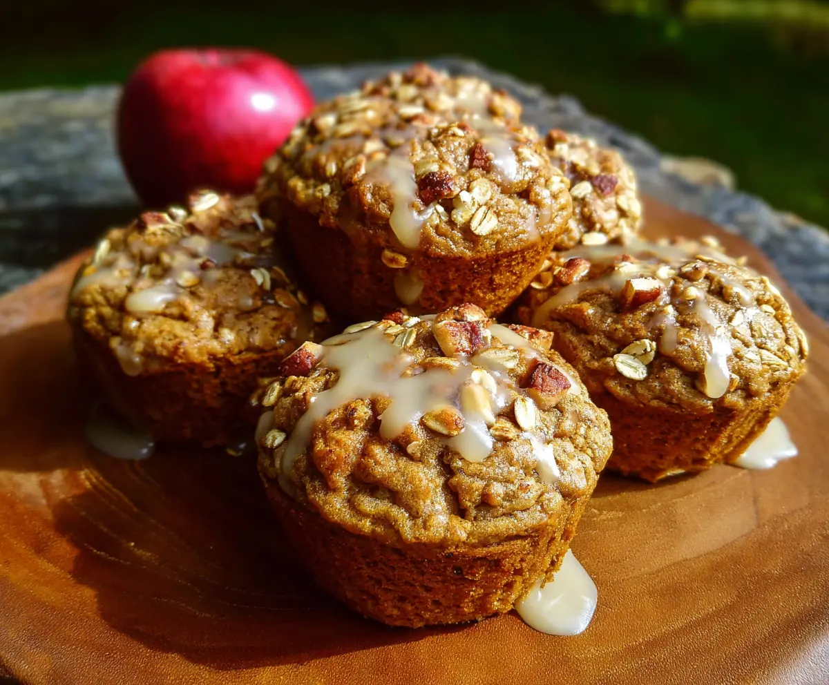 Delicious Apple Cinnamon Oat Muffins fresh out of the oven, showcasing golden-brown crust and apple slices.