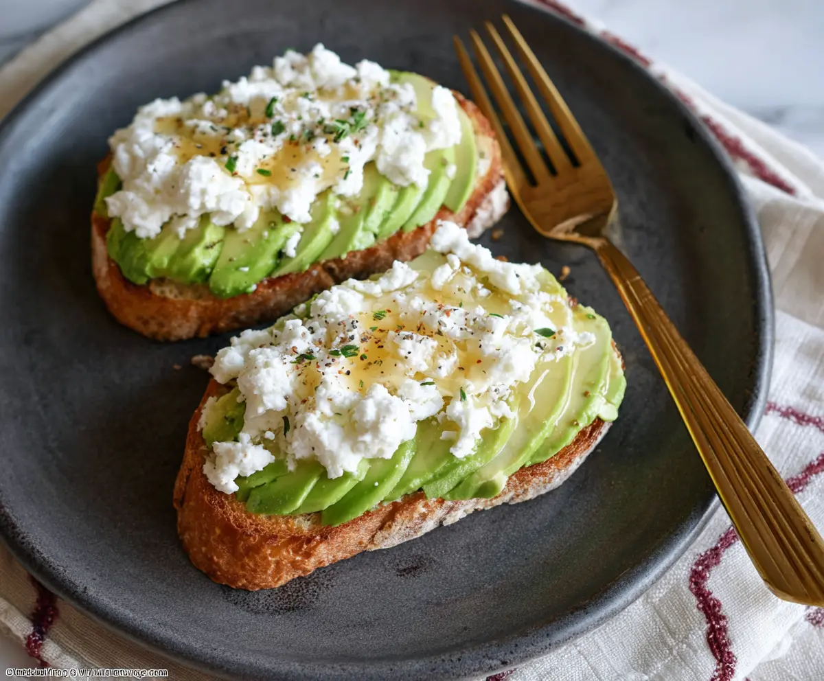 Delicious avocado toast topped with cottage cheese and drizzled with honey, perfect for a healthy breakfast.