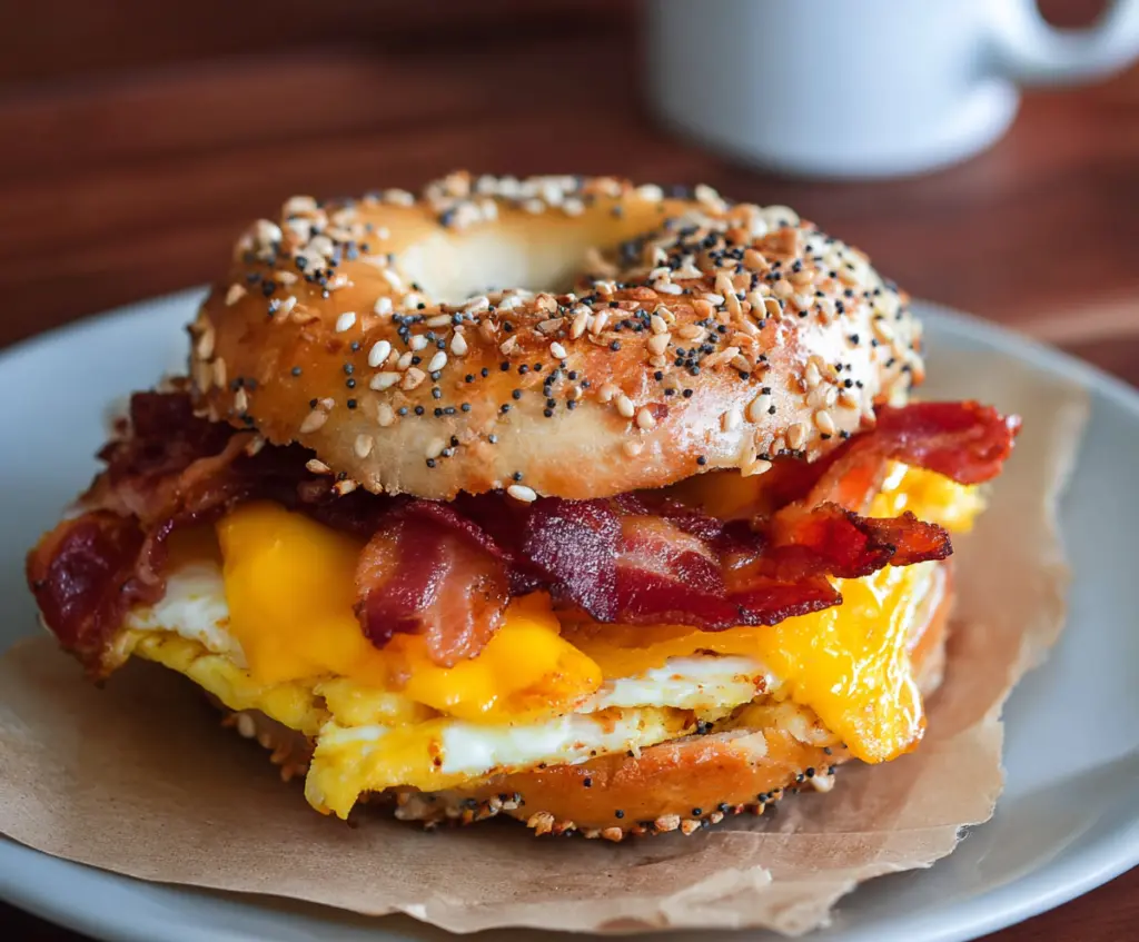 Delicious bacon, egg, and cheese breakfast bagel sandwich on a toasted bagel