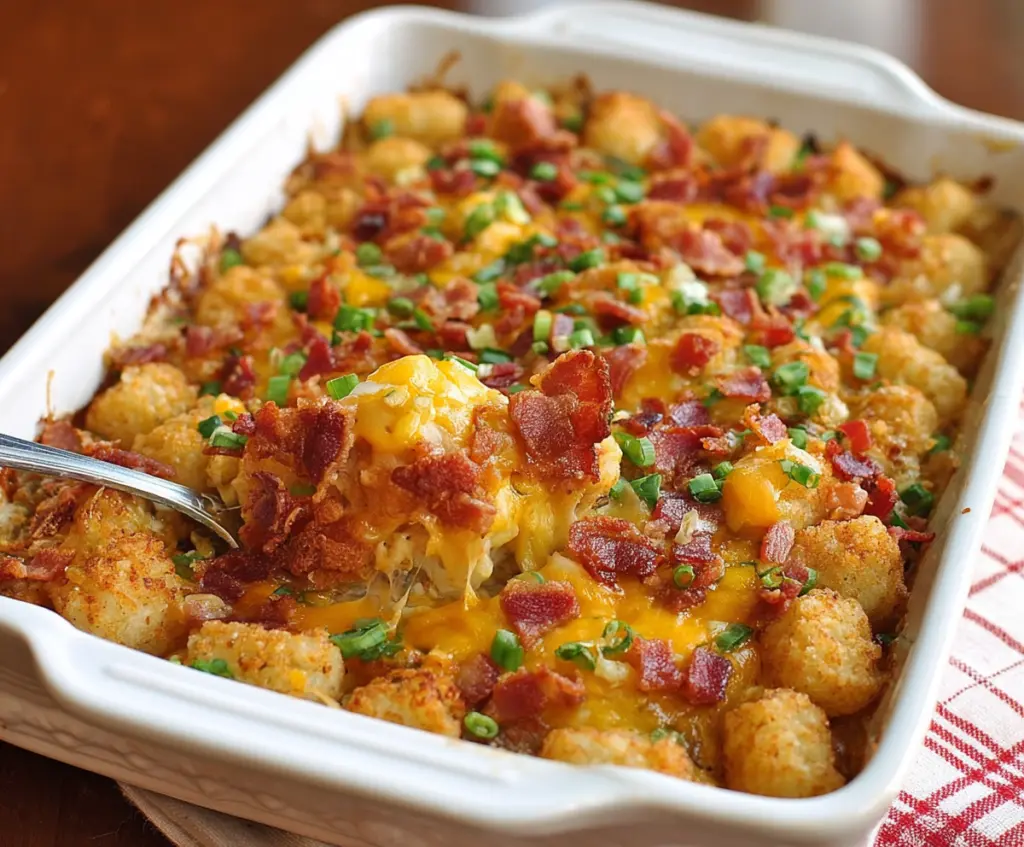 Delicious Bacon Egg and Tater Tot Casserole in a baking dish, ready to serve for breakfast or brunch.