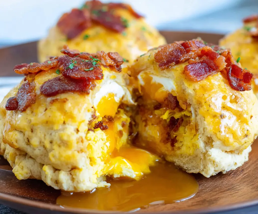 Golden bacon and scrambled eggs stuffed inside flaky biscuit bombs, perfect for breakfast.