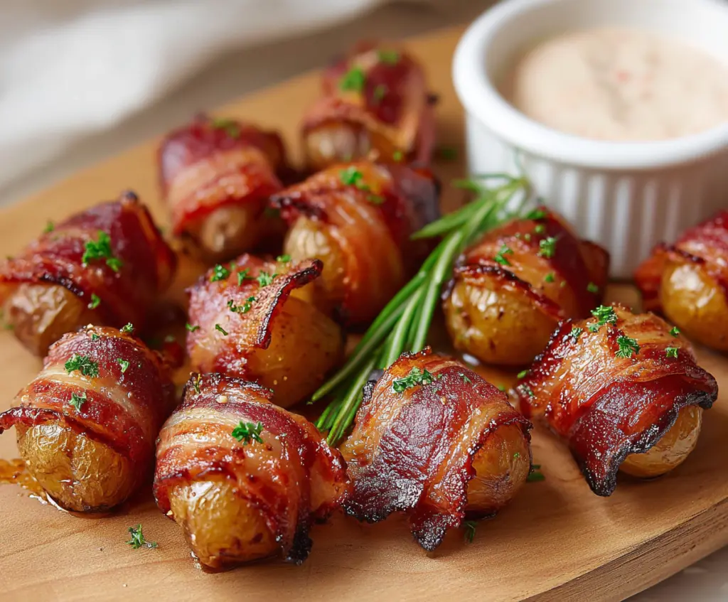 Bacon wrapped potato bites with crispy bacon and golden roasted potatoes on a platter.