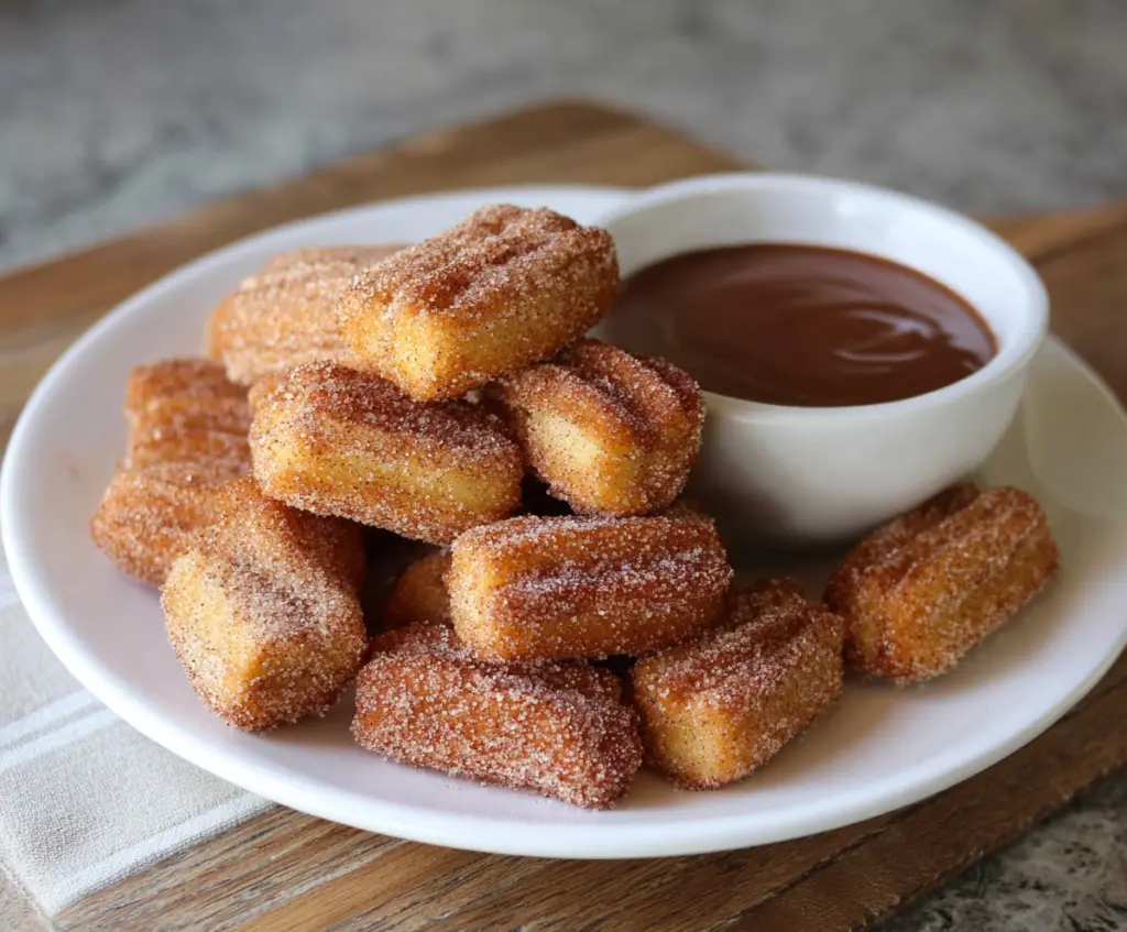 Delicious baked churro bites topped with cinnamon sugar on a rustic plate.