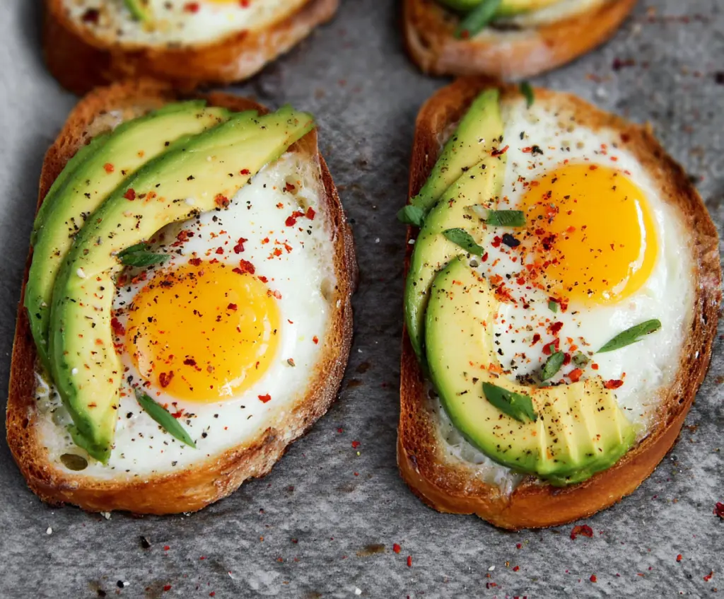 Delicious baked egg avocado toast topped with fresh herbs on a rustic plate